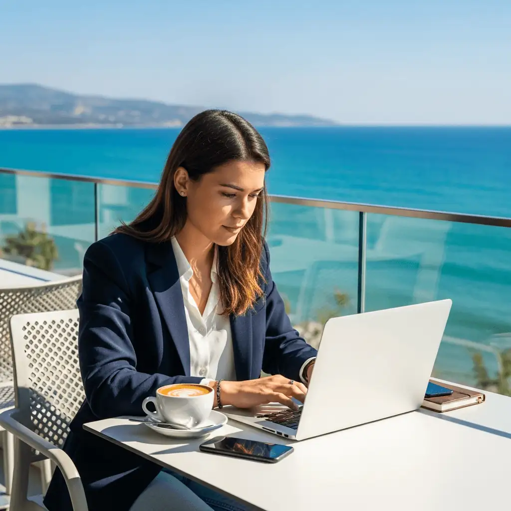 Digitaler Nomade arbeitet am Laptop mit Meerblick in Nordzypern - Remote Work am Mittelmeer