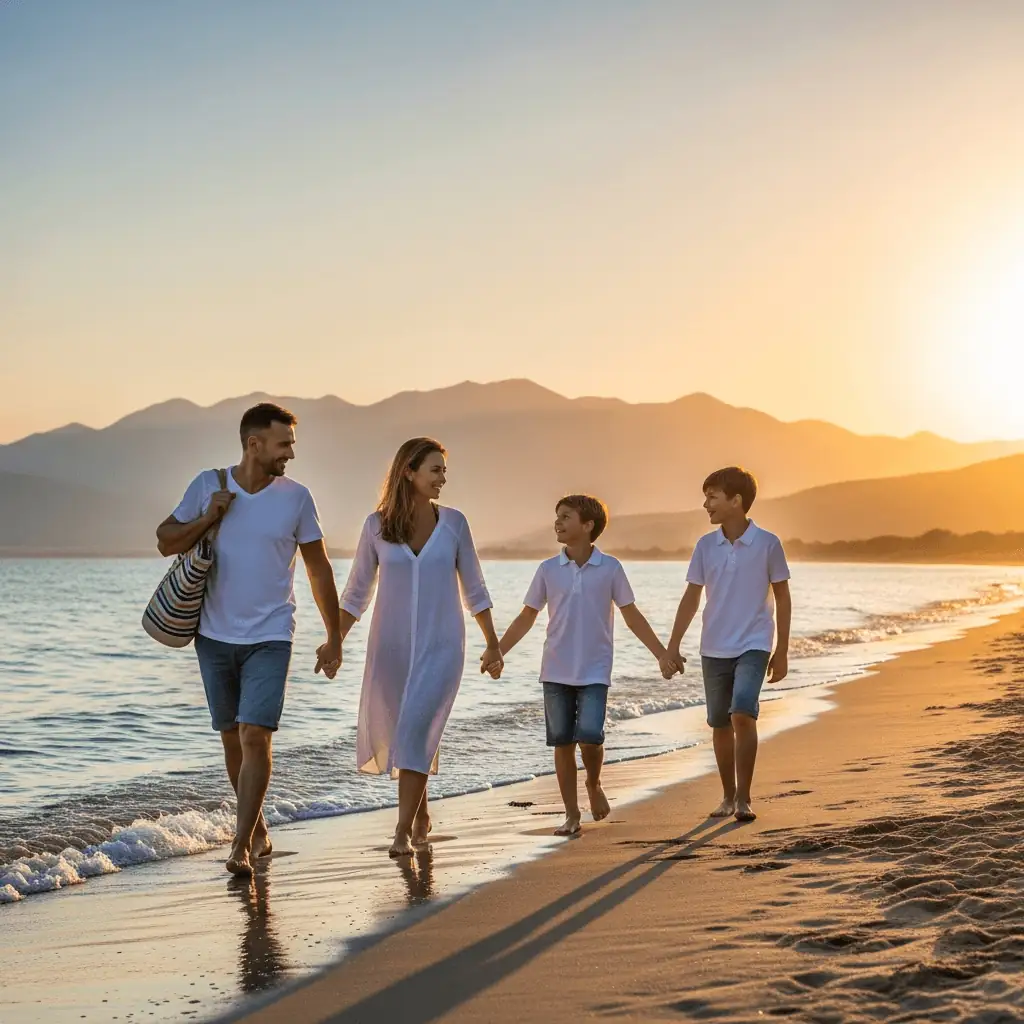 Glückliche Familie mit Kindern am Strand in Nordzypern bei Sonnenuntergang - Auswandern mit Familie