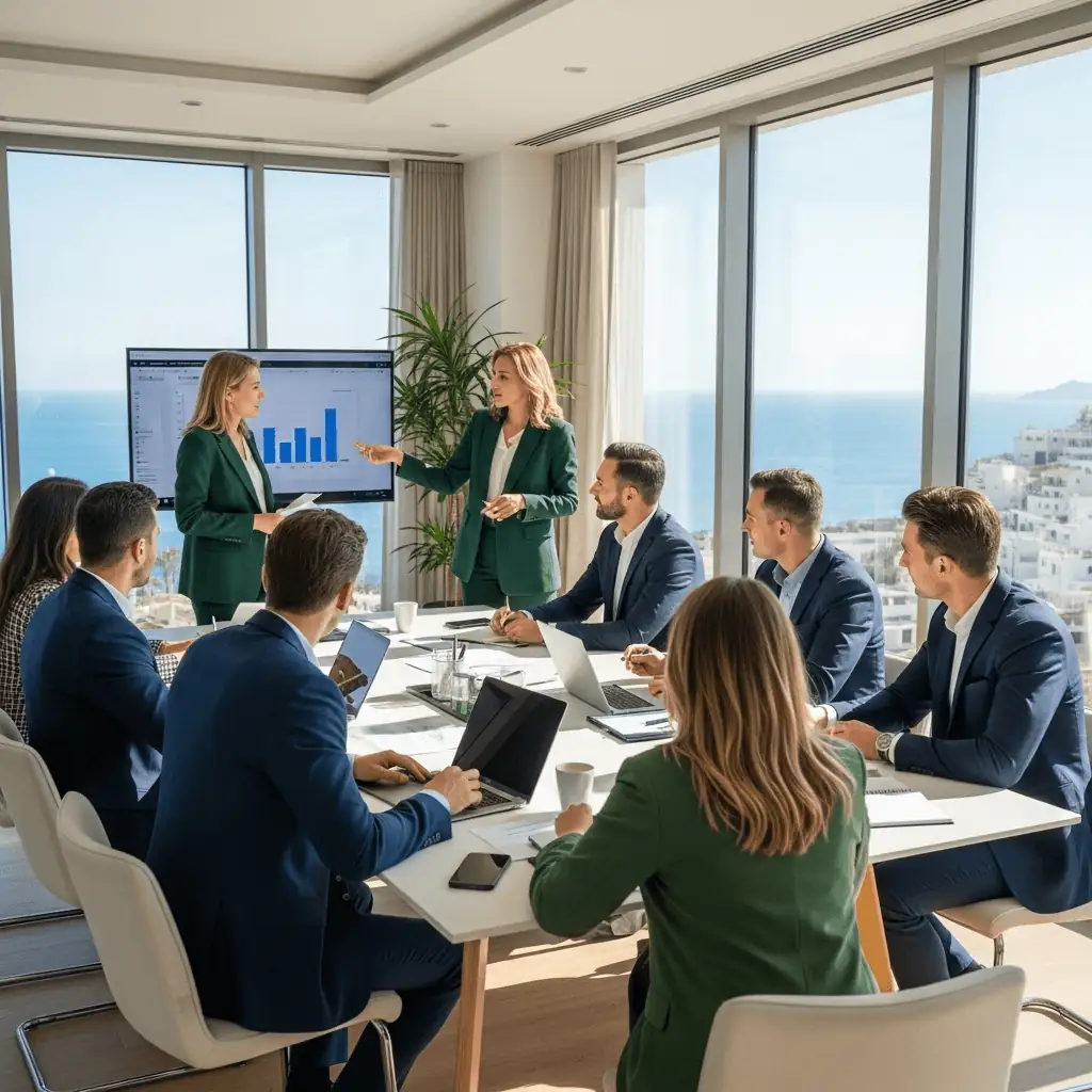 Das Nordzypern.de Immobilienteam bei der Besprechung im Büro mit Meerblick - Ihr deutschsprachiger Partner vor Ort