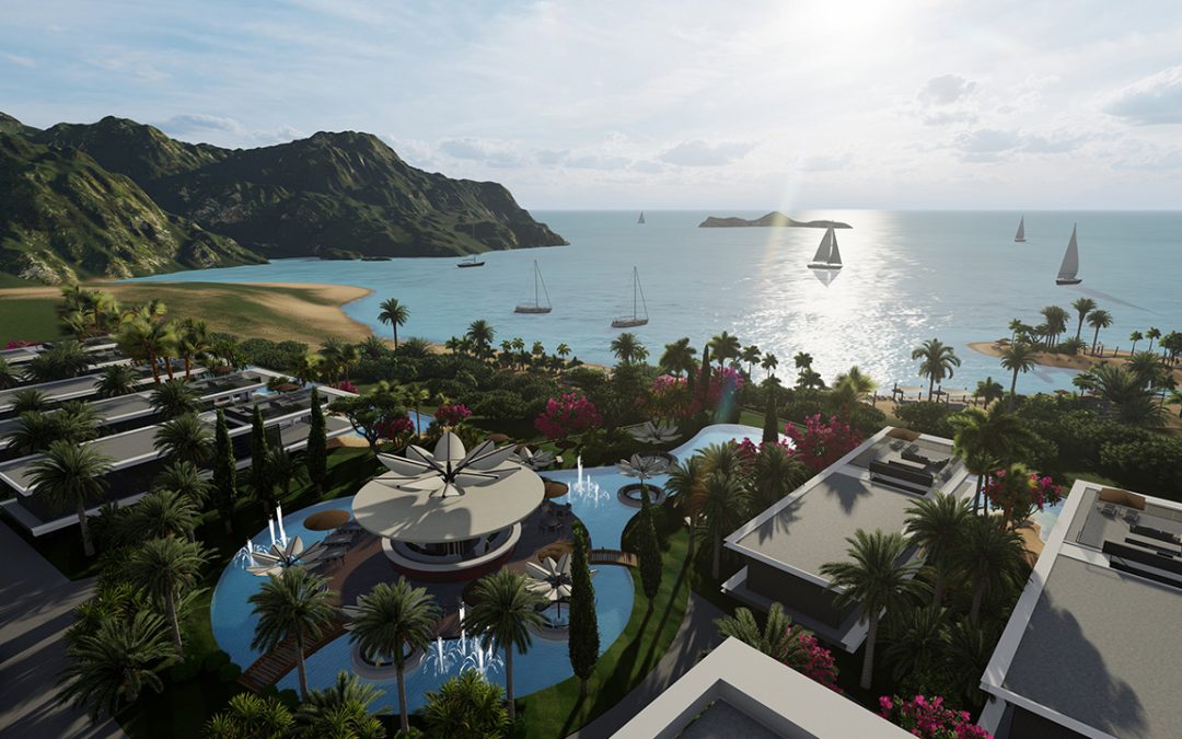 nordzypern-immobilien als investment - ferienapartment tatlisu am strand nordzypern-immobilien investment - aloha beach resort tatlisu mit pools, gaerten und segelyachten luftaufnahme